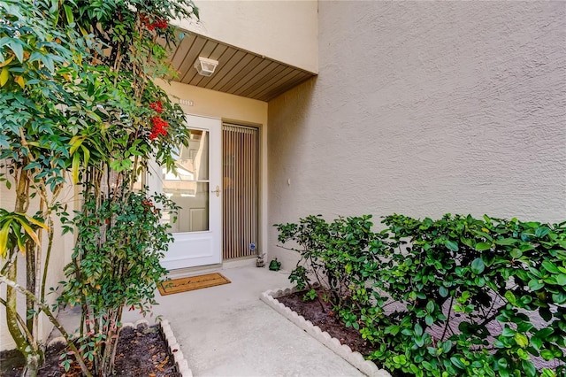 doorway to property with stucco siding