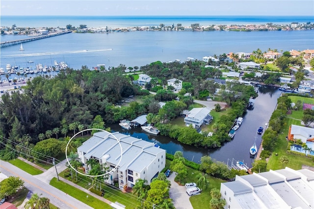 bird's eye view with a water view