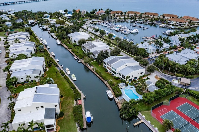 aerial view featuring a water view