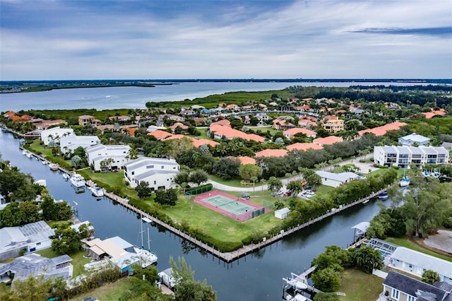 drone / aerial view with a water view