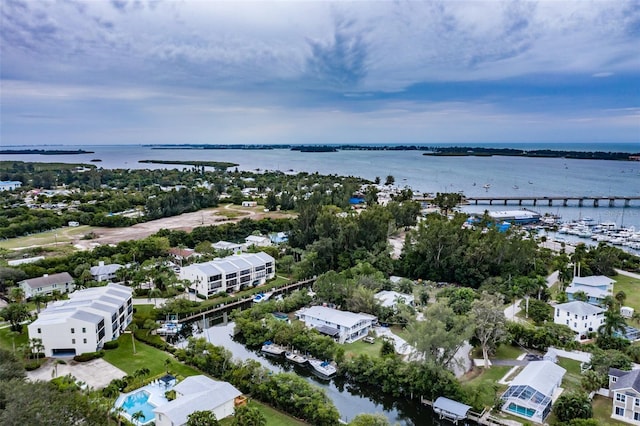 drone / aerial view with a water view