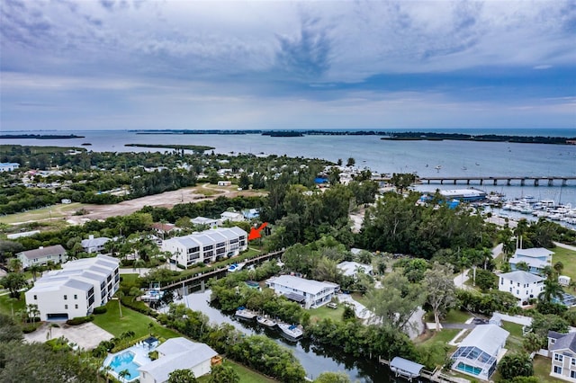 aerial view featuring a water view