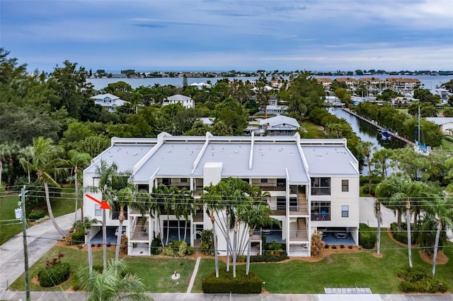 drone / aerial view featuring a water view