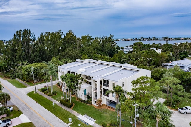 drone / aerial view featuring a water view