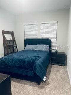 bedroom with light colored carpet