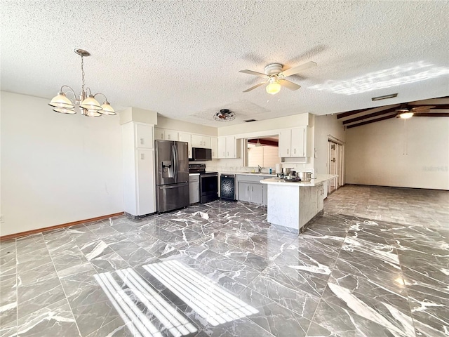 kitchen with pendant lighting, black appliances, white cabinets, ceiling fan with notable chandelier, and kitchen peninsula