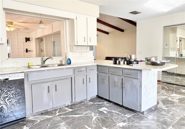 kitchen featuring sink, gray cabinets, dishwasher, kitchen peninsula, and pendant lighting