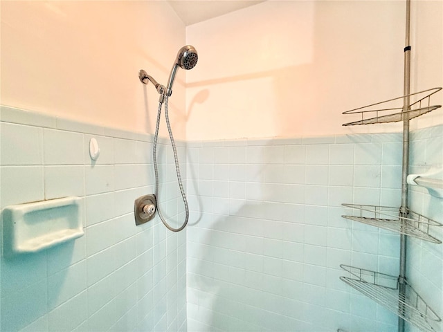 bathroom featuring tile walls and a tile shower