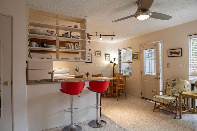 kitchen featuring ceiling fan, rail lighting, a textured ceiling, and white appliances