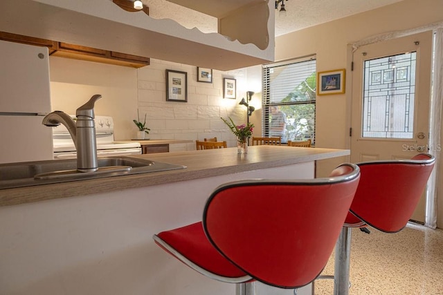 bar featuring sink and white fridge