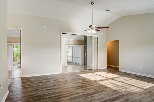 unfurnished room featuring dark wood-type flooring, ceiling fan, and high vaulted ceiling