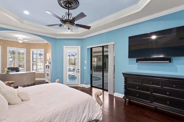 bedroom featuring multiple windows, dark wood-type flooring, access to exterior, and a tray ceiling