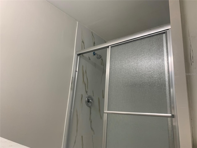 bathroom with a shower with shower door