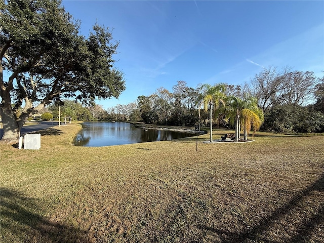 view of community with a water view and a lawn