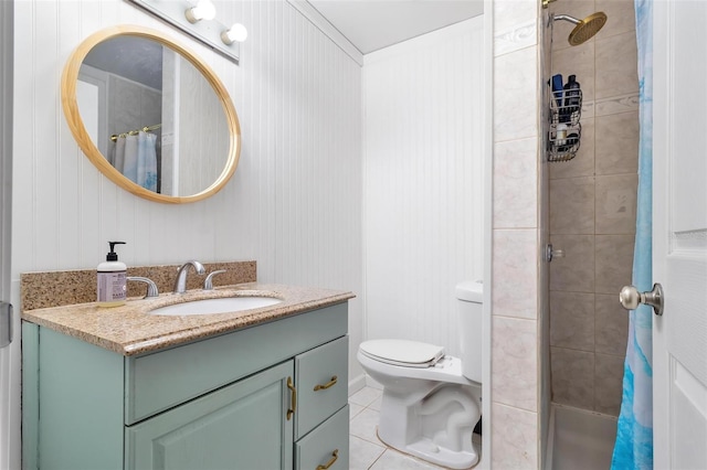 bathroom featuring vanity, toilet, tile patterned floors, and a shower with curtain