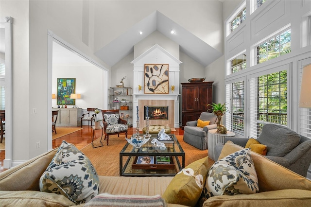 living room with a high ceiling