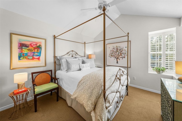 carpeted bedroom featuring vaulted ceiling and ceiling fan