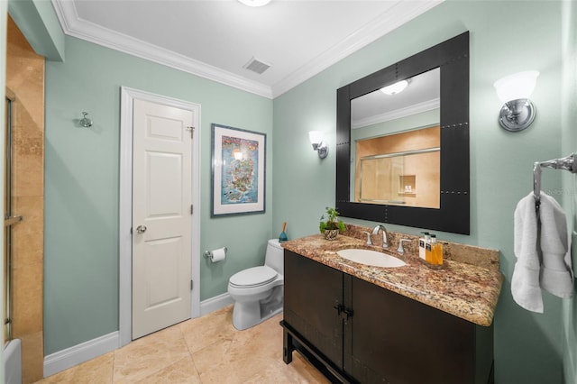 bathroom featuring tile patterned flooring, vanity, toilet, a shower with door, and crown molding