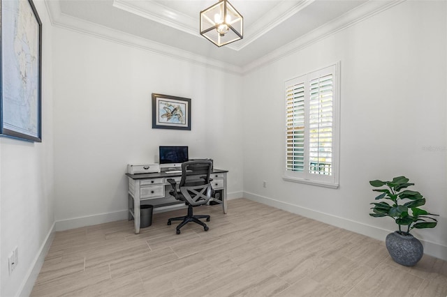 office space with crown molding, light hardwood / wood-style floors, a raised ceiling, and a chandelier