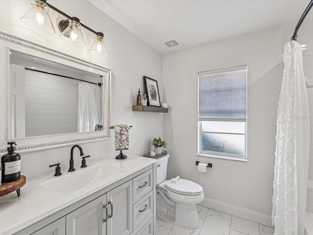 full bathroom featuring marble finish floor, visible vents, toilet, vanity, and baseboards