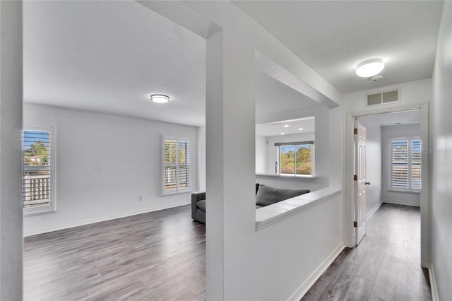 interior space featuring hardwood / wood-style floors, a wealth of natural light, and a textured ceiling