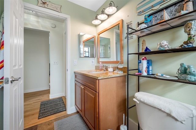 bathroom featuring vanity, toilet, and hardwood / wood-style floors