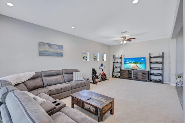 living area with recessed lighting, carpet, and baseboards