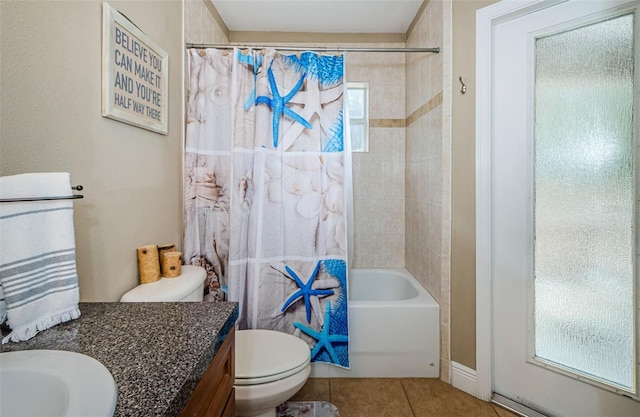 full bathroom with tile patterned flooring, vanity, shower / bath combination with curtain, and toilet