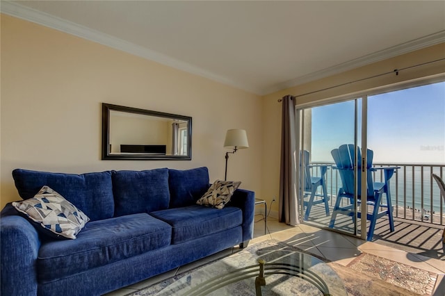 living room featuring crown molding, a water view, and light tile patterned floors