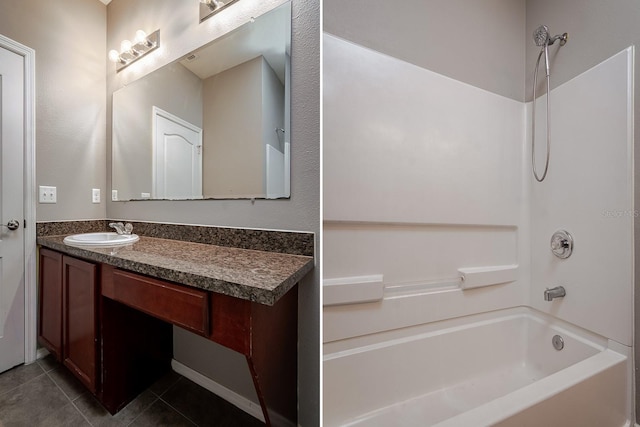 bathroom with vanity, tile patterned floors, and shower / washtub combination