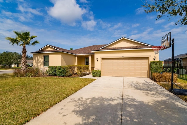 single story home featuring a garage and a front lawn