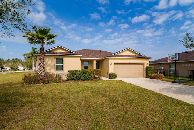 ranch-style house with a garage and a front lawn