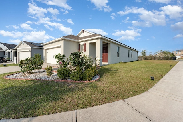 view of side of home with a garage and a lawn