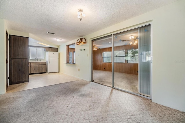 unfurnished living room with light colored carpet, sink, a textured ceiling, and wood walls