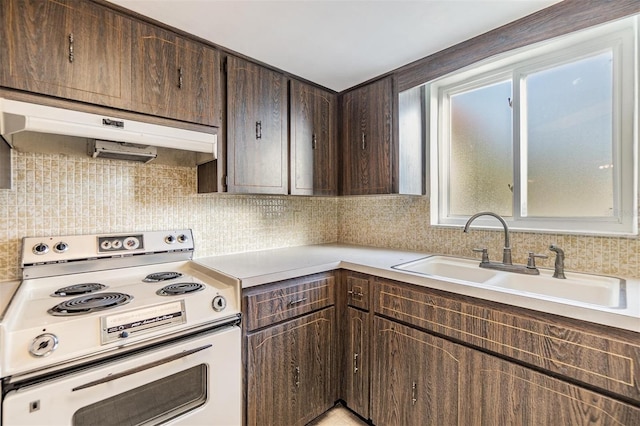 kitchen featuring dark brown cabinets, sink, electric range, and decorative backsplash