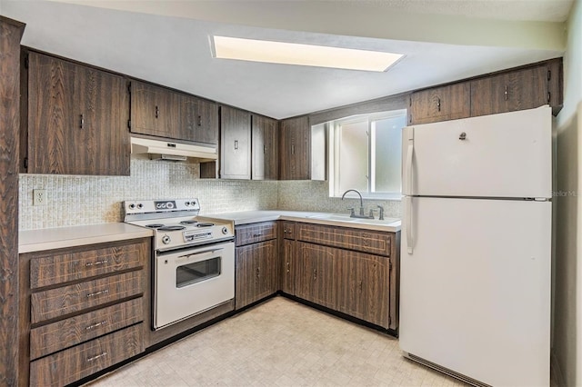 kitchen with tasteful backsplash, white appliances, dark brown cabinetry, and sink