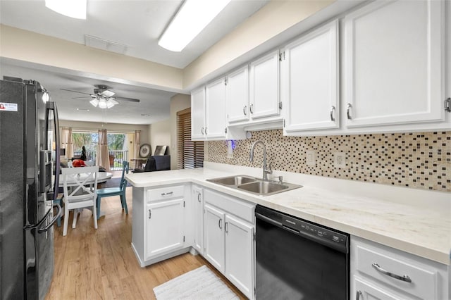 kitchen featuring black appliances, white cabinetry, sink, backsplash, and kitchen peninsula