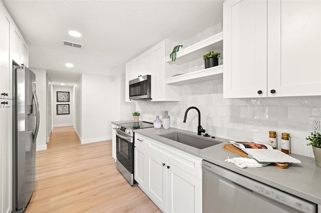 kitchen with stainless steel appliances, sink, decorative backsplash, and white cabinets