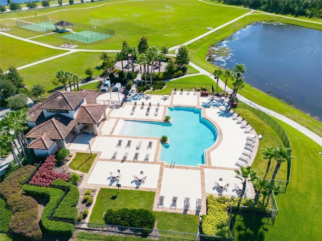 birds eye view of property featuring a water view