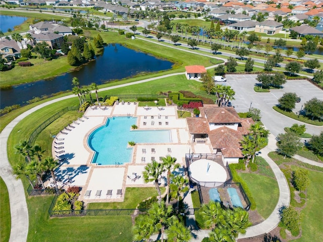 drone / aerial view featuring a water view