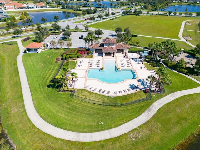 drone / aerial view featuring a water view