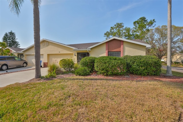 single story home with a garage and a front yard