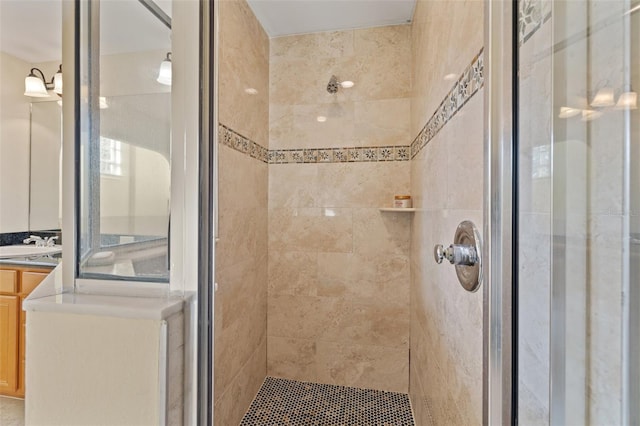 bathroom featuring vanity and an enclosed shower