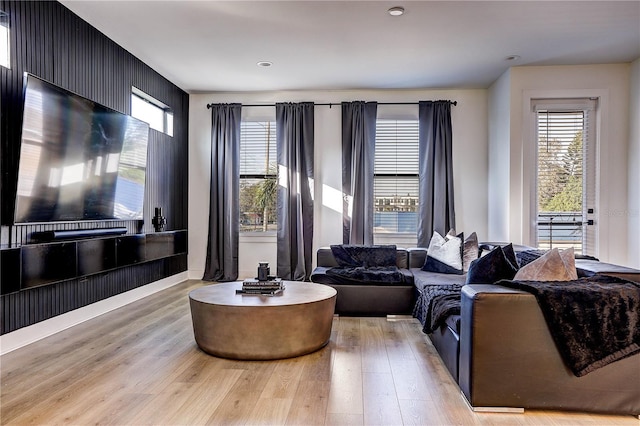 living room with light hardwood / wood-style floors and a healthy amount of sunlight