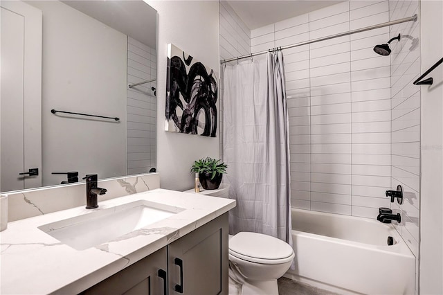 full bathroom featuring vanity, shower / bath combination with curtain, and toilet