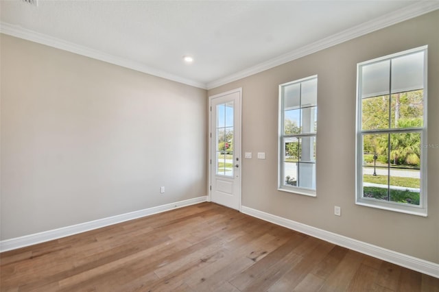 spare room with ornamental molding, a wealth of natural light, and light hardwood / wood-style floors