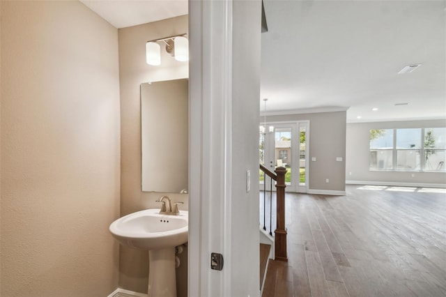 bathroom with wood-type flooring and a healthy amount of sunlight