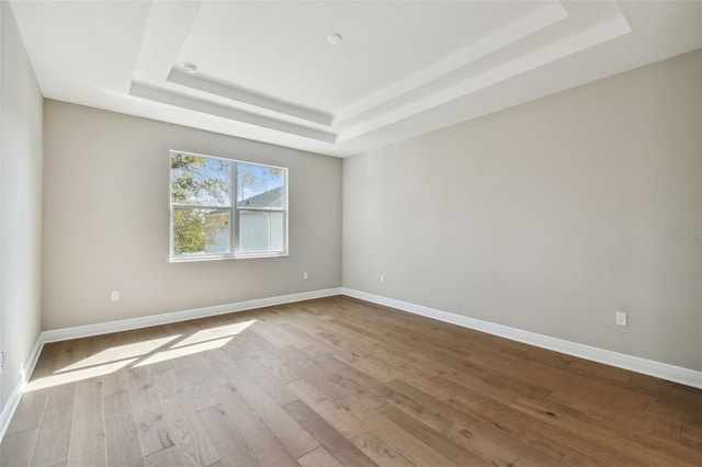 unfurnished room featuring light hardwood / wood-style flooring and a tray ceiling