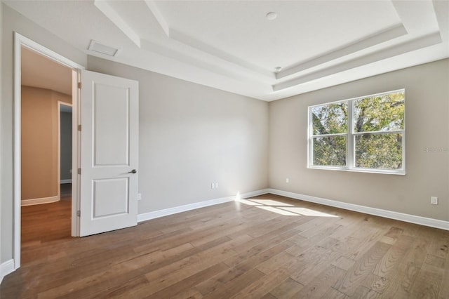 empty room with a raised ceiling and hardwood / wood-style floors