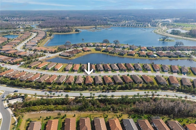 drone / aerial view featuring a water view